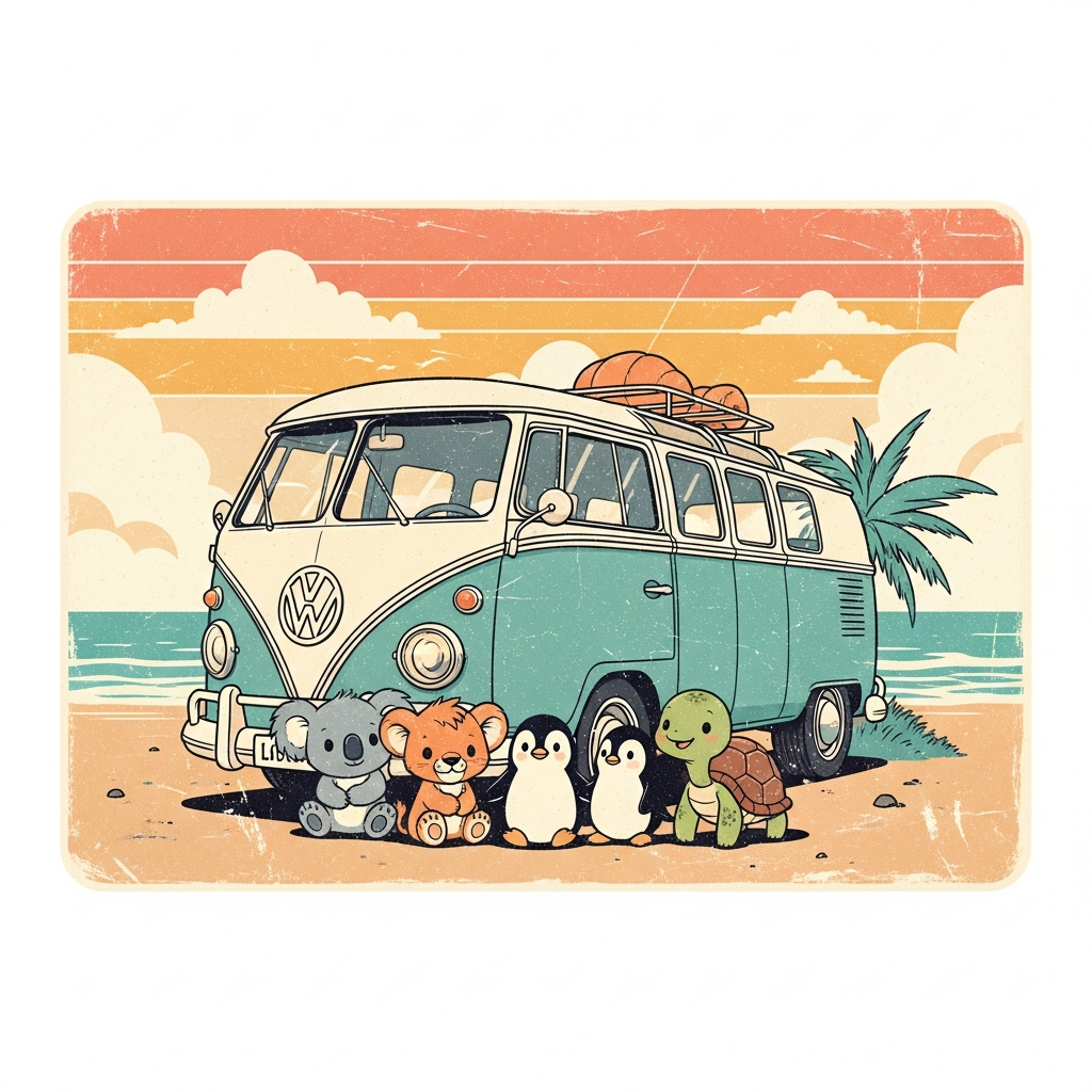 Mascot family by a vintage van