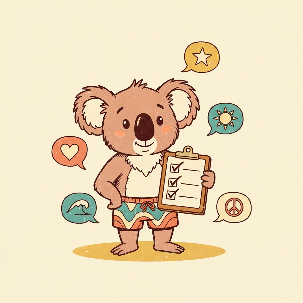 Koala mascot with a chore clipboard