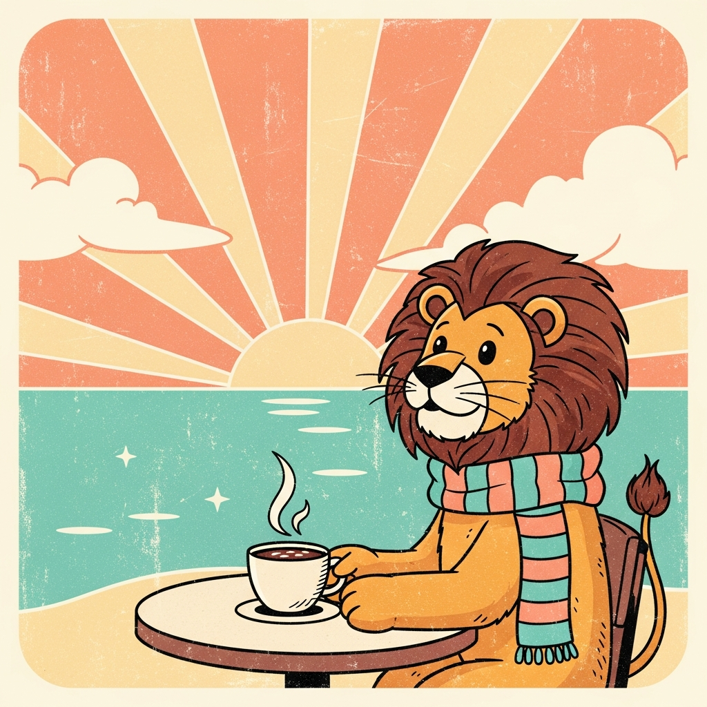 Lion mascot with a morning cocoa
