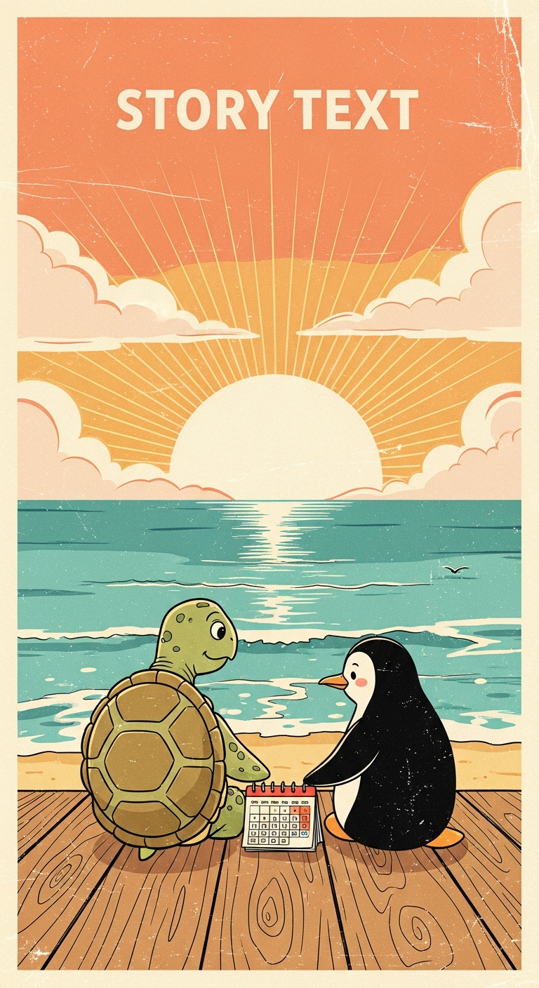 Turtle and penguin on a boardwalk
