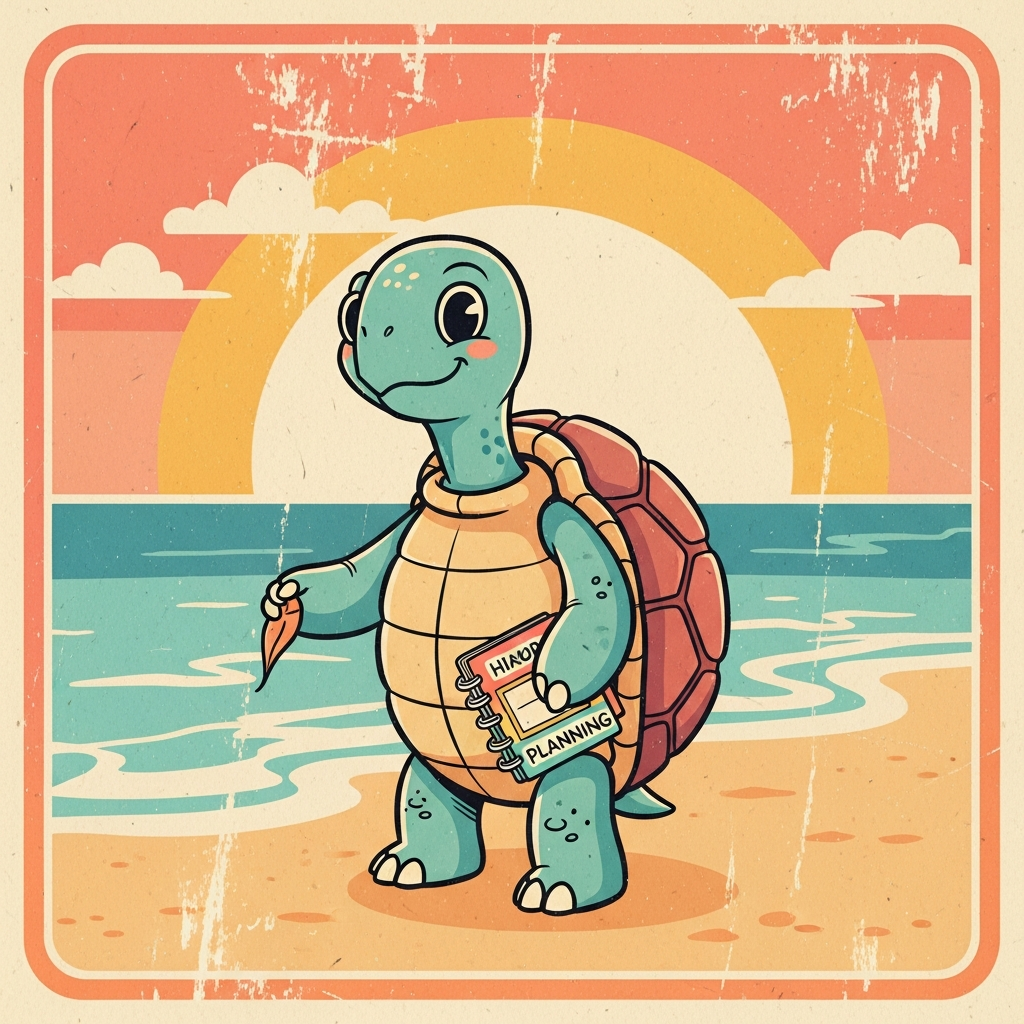 Turtle on a beach with a planning notebook